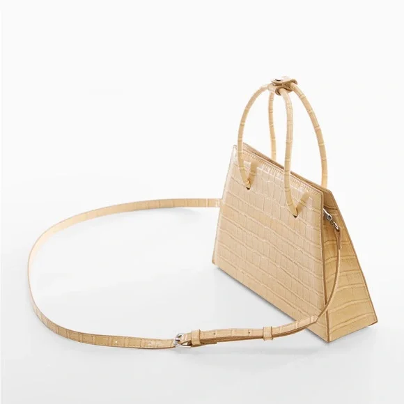 Mango Geometric Croc Embossed Faux Leather Top Handle Bag with Crossbody Strap - Picture 2 of 12